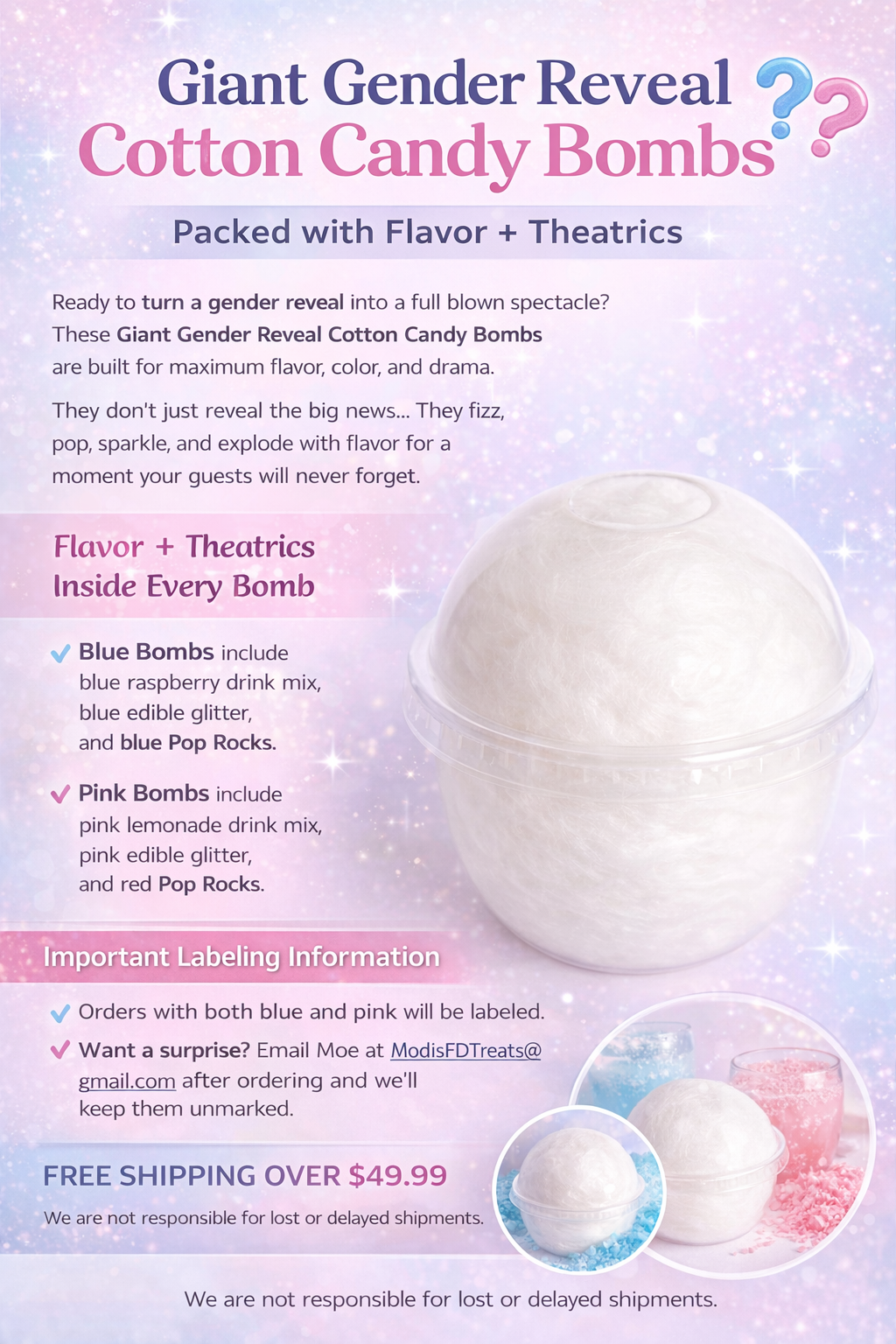 PARENTS PACK GENDER REVEAL GIANT COTTON CANDY FLAVORED DRINK BOMB - 2 PACK